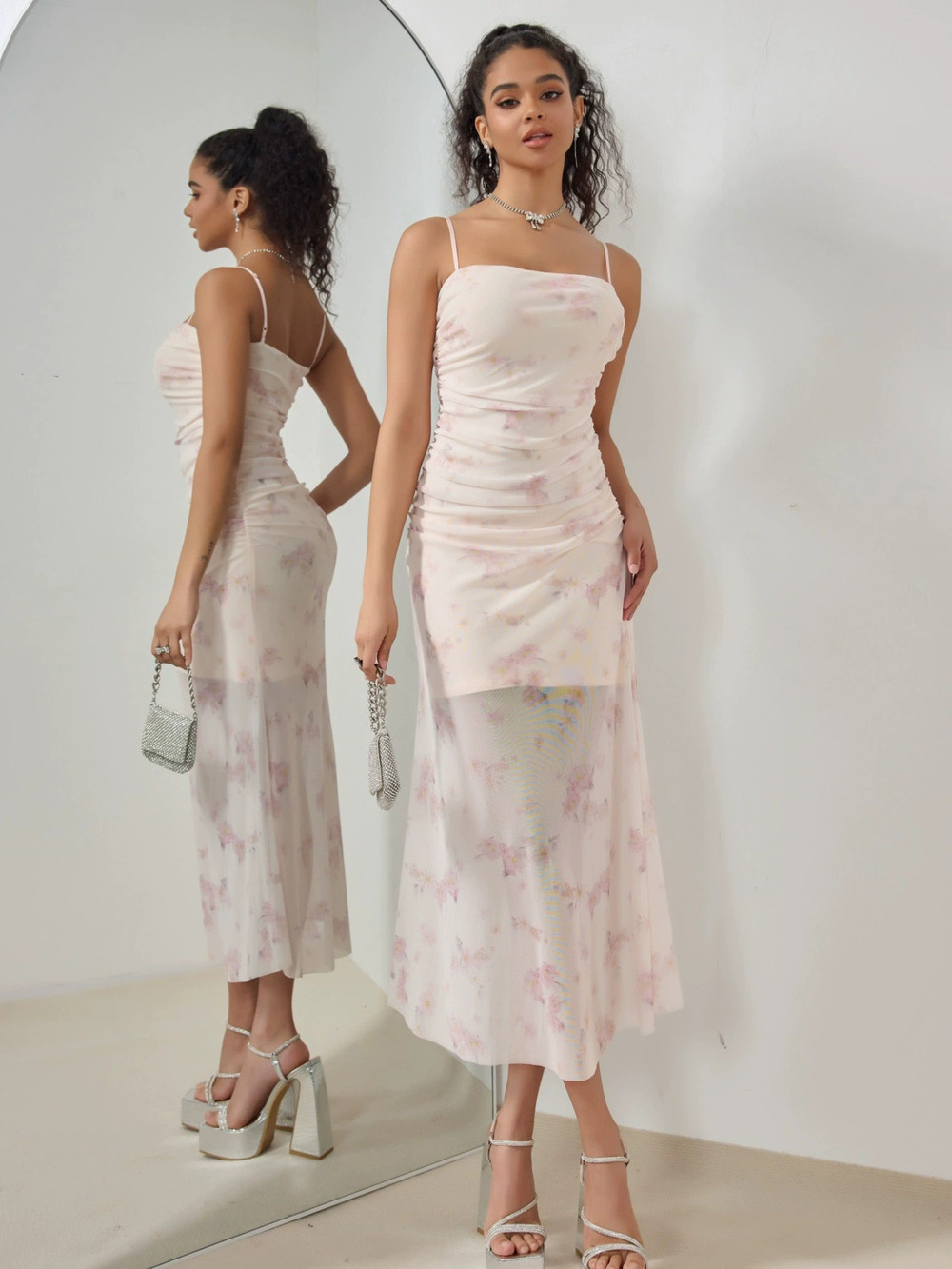 ZARA Sweet Printed Pleated Spaghetti Strap Mermaid Maxi Dress